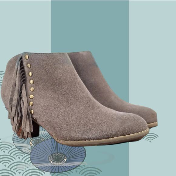 Vionic Upright Faros Ankle Boots Booties Suede Fringe Greige Tan Taupe Womens 9 - Picture 3 of 13